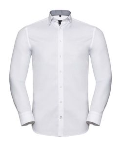 Russell Collection RU964M - MEN'S LONG SLEEVE TAILORED CONTRAST HERRINGBONE SHIRT White/Silver/Convoy Grey